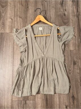 O'Neill Sage Green V-Neck Peasant Tunic Top Viscose Fabric Blouse